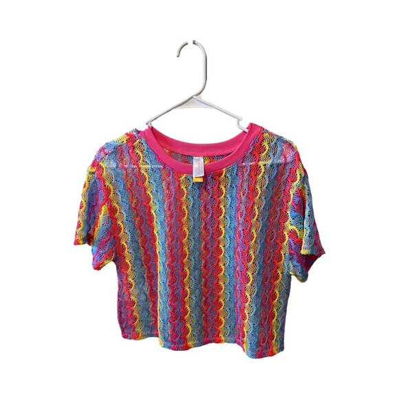 Rainbow Crochet Striped Bathing Suit Coverup Top L (11-13) No Boundaries 100% Re - Picture 2 of 5